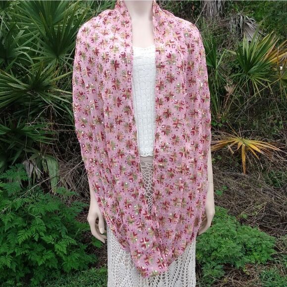 NWOT RAJ Pink & Multicolored Embroidered Stars Sequins Silk India Scarf/Wrap - Picture 2 of 11